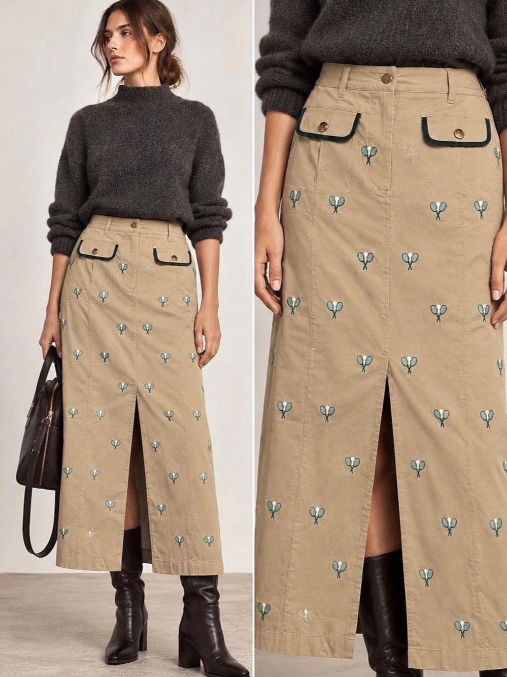 Anthropologie Tennis Ratchet Print Slit Front Khaki Maxi Skirt Small